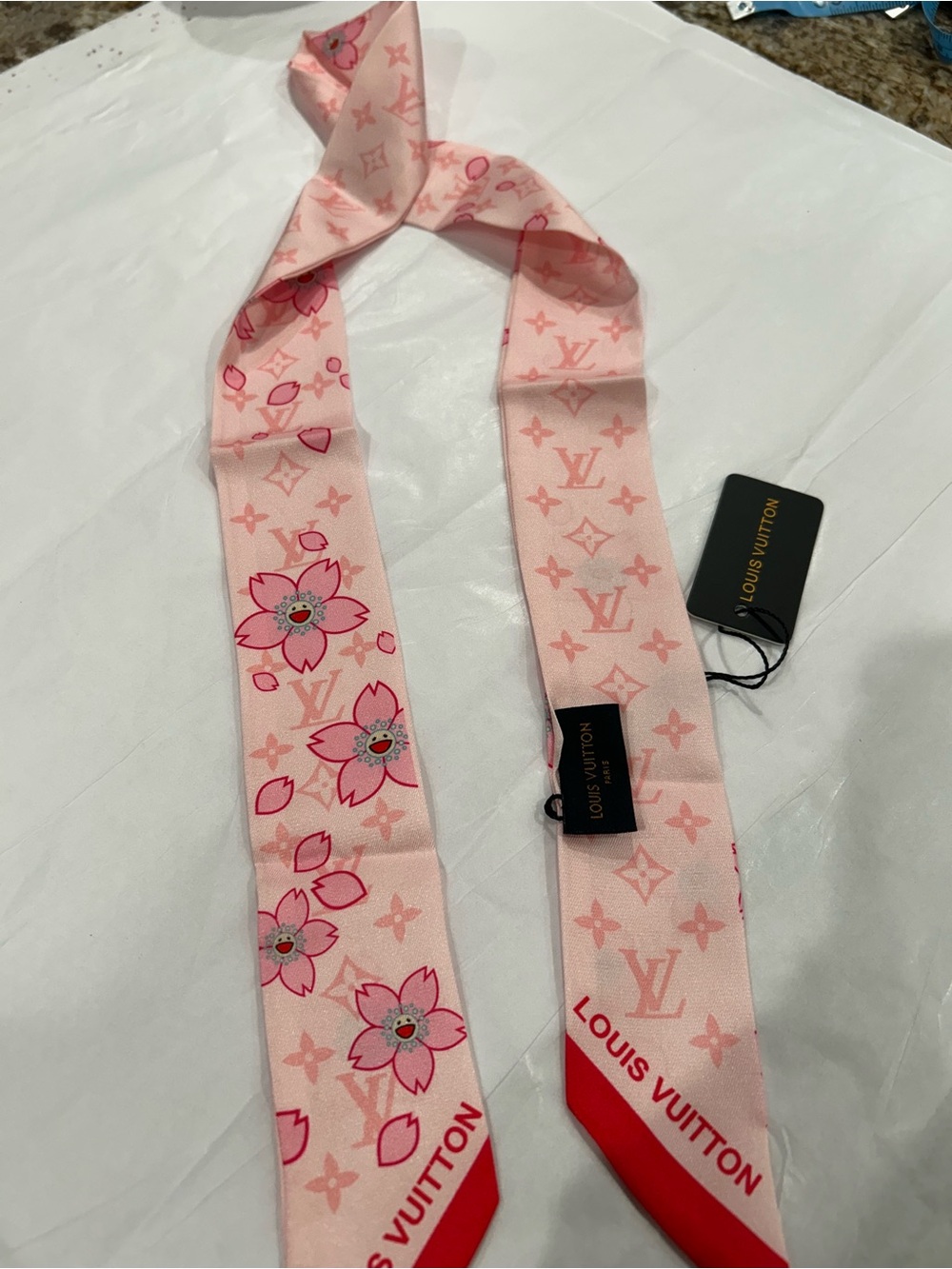 Louis Vuitton Pink Floral Silk Twilly with Red Accents